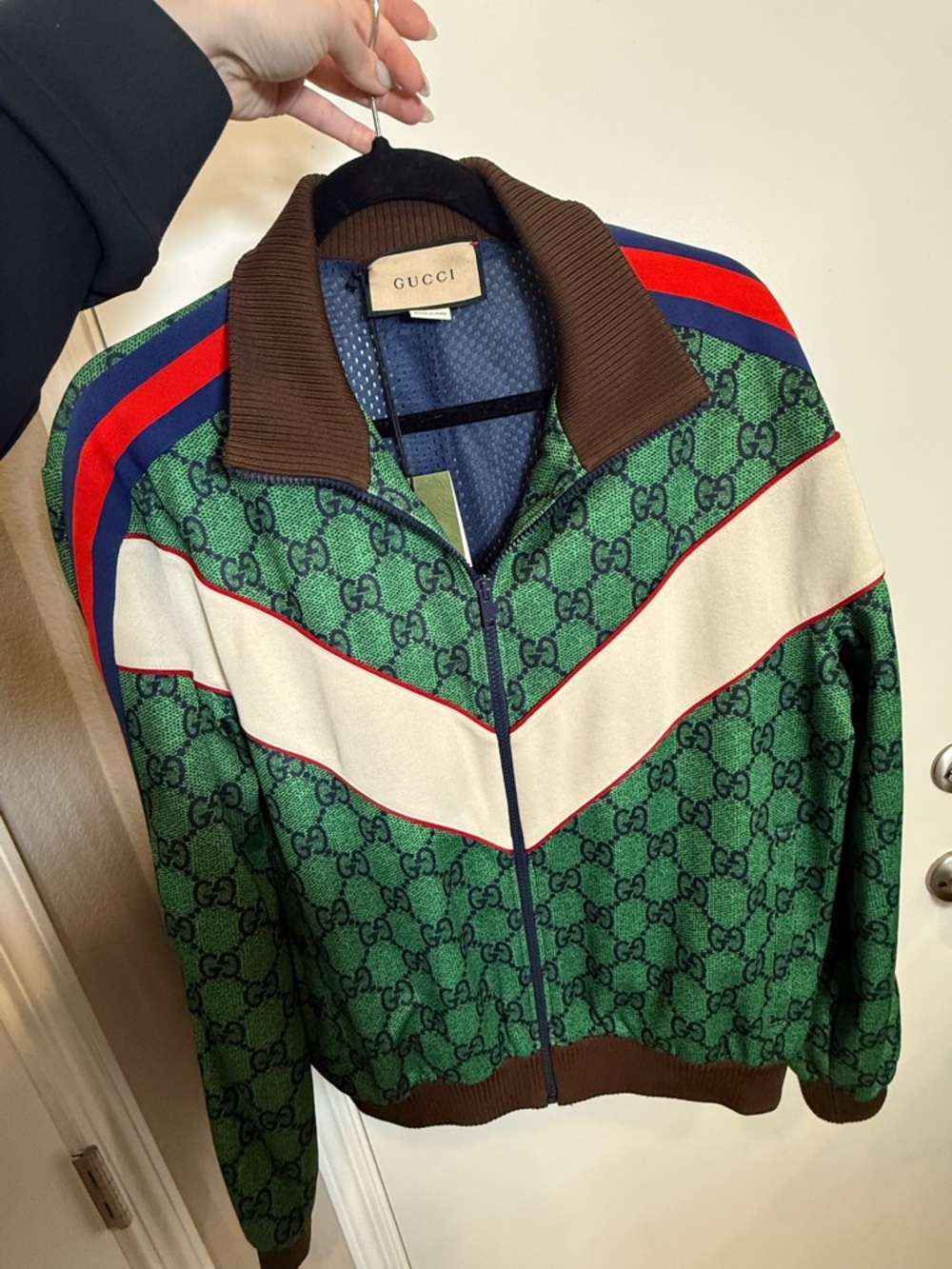 Gucci Green GG Canvas Zip Bomber with Red-Blue Stripe
